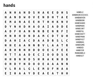 Words containing hand wordsearch